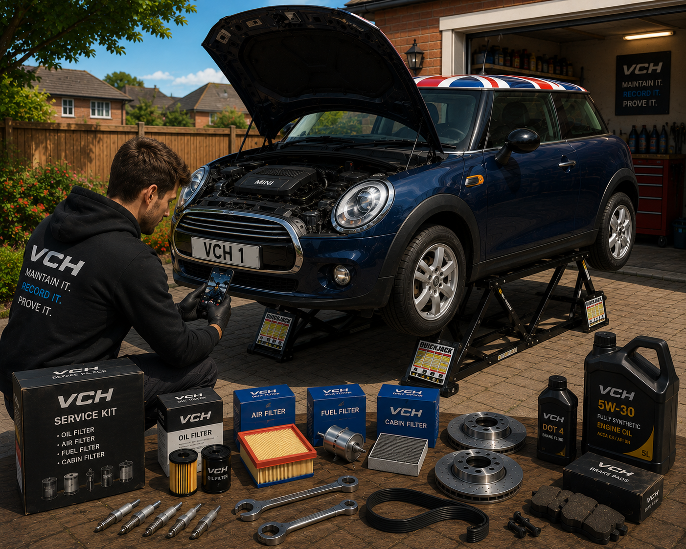 A DIY mechanic servicing a Mini on a home driveway, recording the work with the VCH app surrounded by VCH-branded service parts, oil and tools